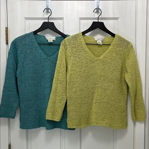 Susan Bristol Teal and Green Loose Knit V-Neck Sweater Set - Size Petite Medium